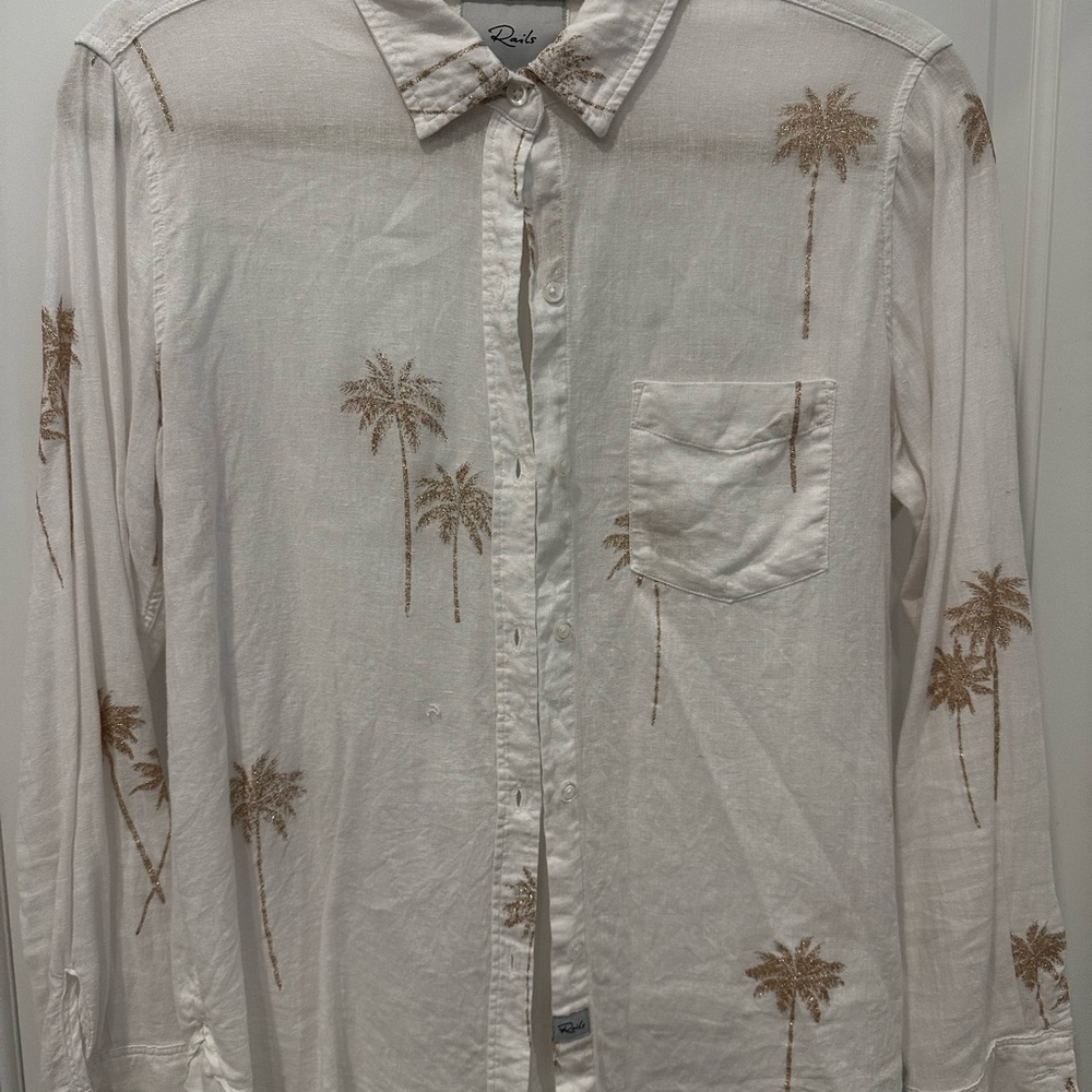 Rails Cream and Gold Button Down Shirt with Tropical Print
